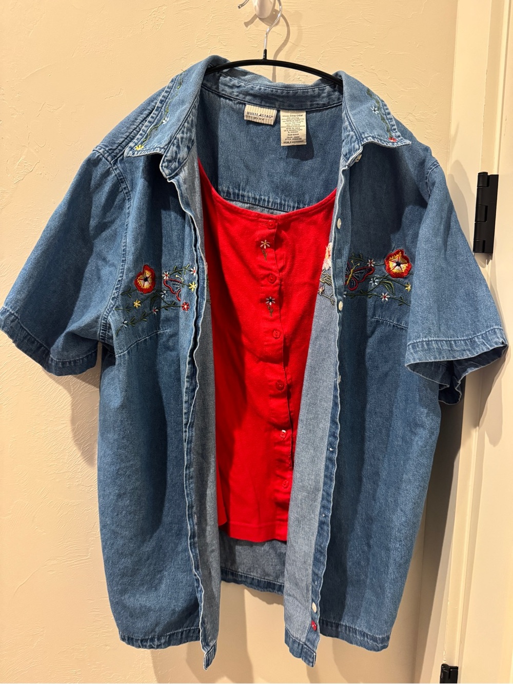 White Stag Denim Embroidered Short Sleeve Shirt with Red Tank
